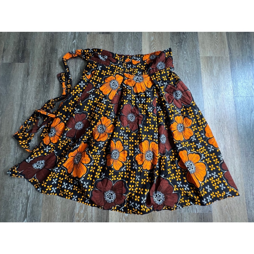 Unbranded Wrap Skirt Womens OS Orange Brown Floral African Wax Print Midi Boho